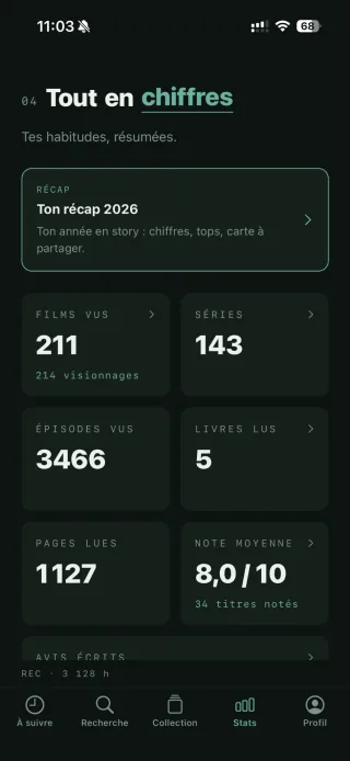 Les statistiques Storyko&nbsp;: films, séries, épisodes, pages lues et note moyenne