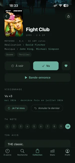 Fiche du film Fight Club dans Storyko : réalisation, genres, bande-annonce, « Vu ×3 », note personnelle et avis.